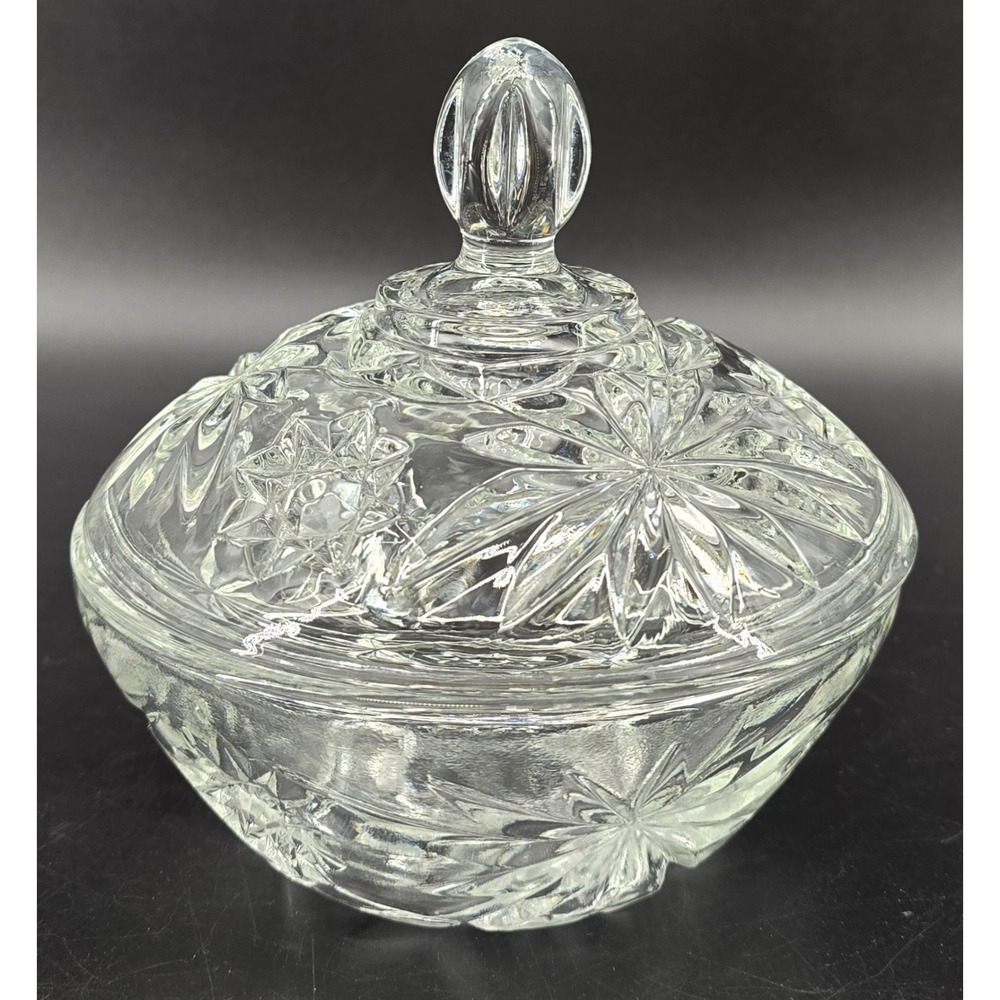 Vtg Anchor Hocking Star of David Cut Glass Candy‎ Dish with Lid 5" MCM 60s